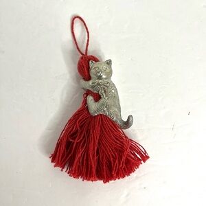 Kirk Stieff Christmas Ornament Pewter Kitten Cat Hanging on Tassel Yarn Vintage